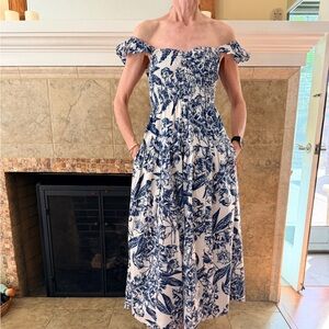 Abercrombie & Fitch Blue and White Floral Smocked Midi Dress